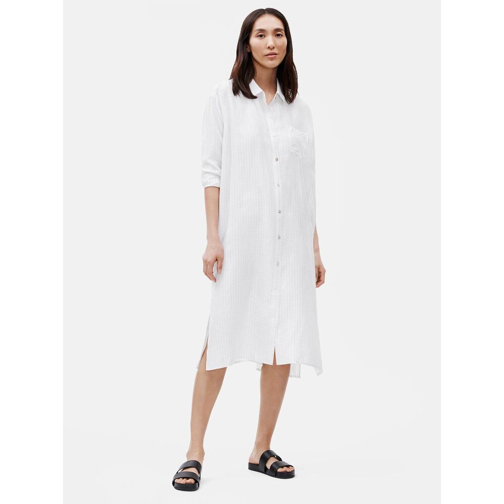 Eileen Fisher Classic Collar Shirt Dress White Silk Check Long Sleeve Sz M‎